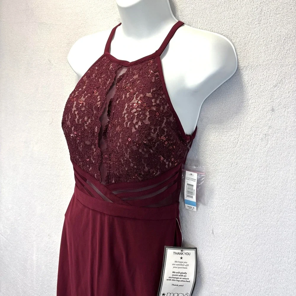 NWT Morgan & Co Lace Sequin Cutout Dress Juniors 5‎ Merlot Red Halter Party NEW